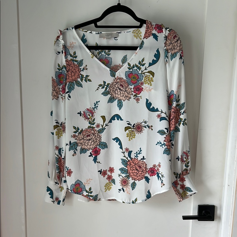 LOFT White and Pink Long Sleeve Relaxed Blouse